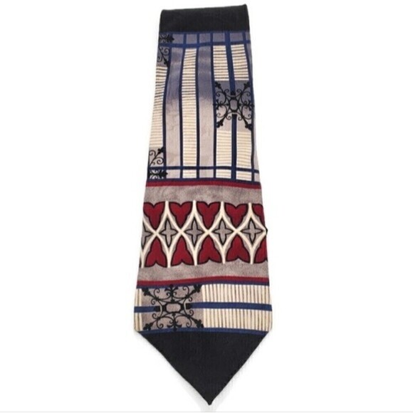 Oscar de la Renta Silk Neck Tie in Black, Grey Red, Blue & Ivory - Picture 2 of 8